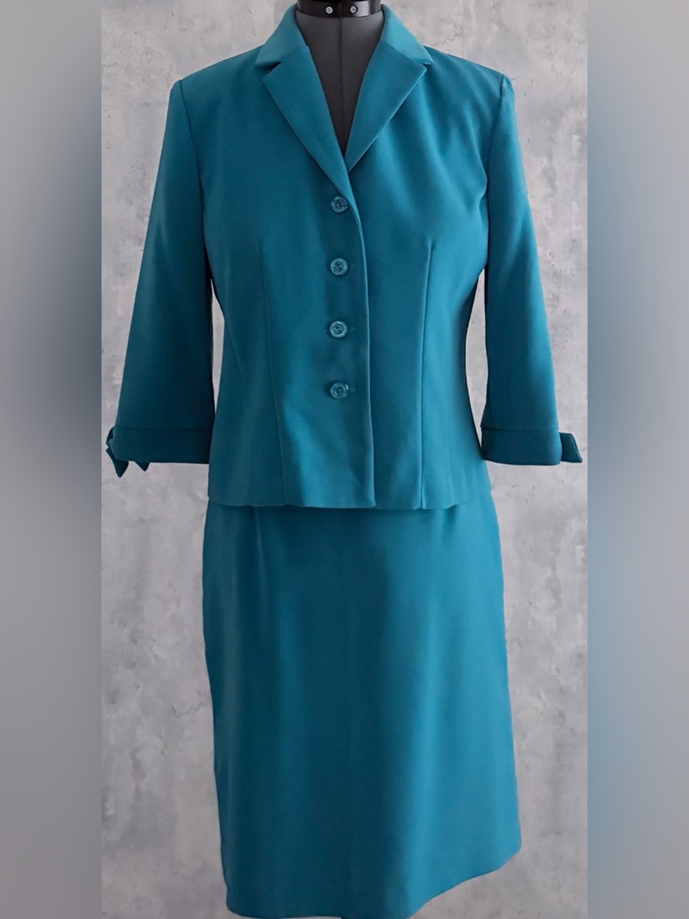Jessica Howard Petite 8 Turquoise Skirt Suit Vintage 2-Piece Blazer Set Teal